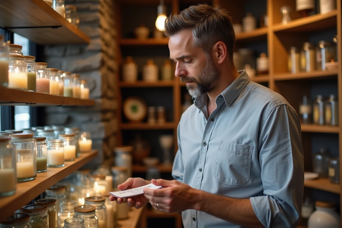 Homme lit étiquette de bougie dans une boutique artisanale