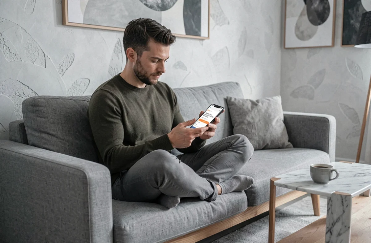 Homme consultant un site de codes promo sur smartphone depuis son salon au design scandinave moderne