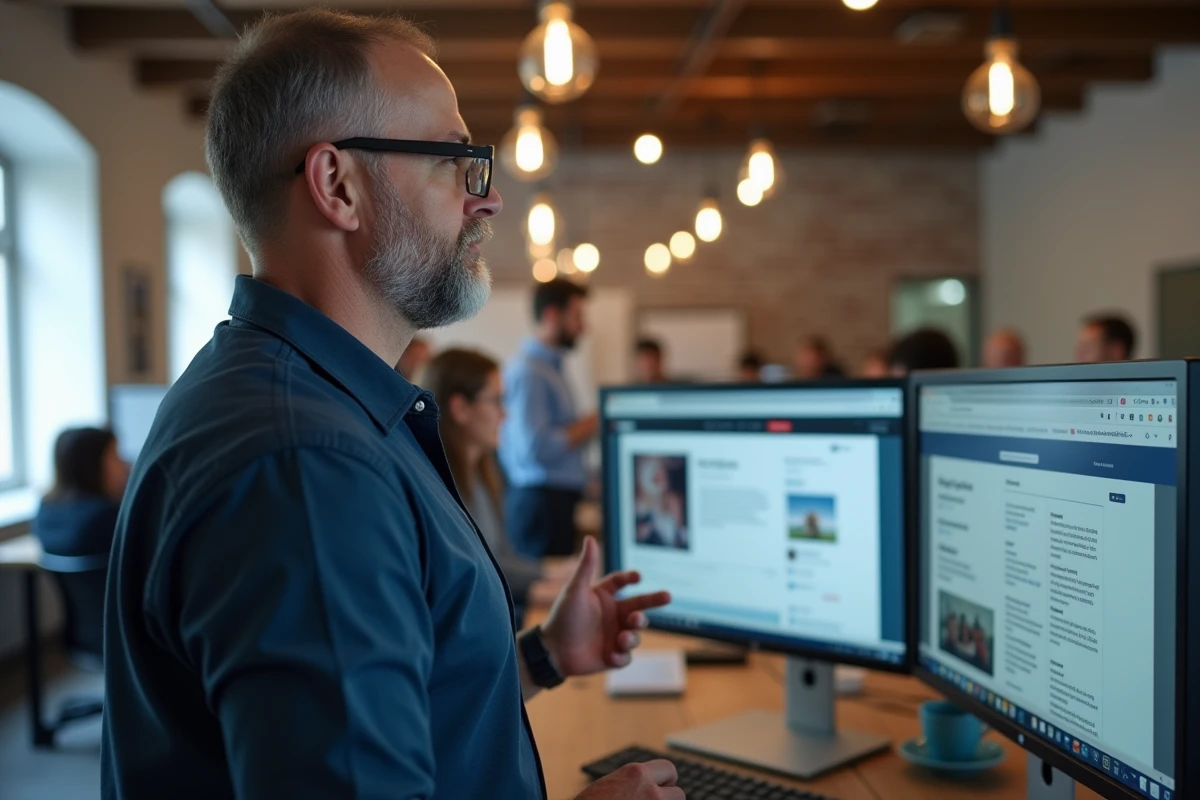 Homme en espace de coworking comparant un blog classique et une plateforme de médias sociaux sur un grand écran