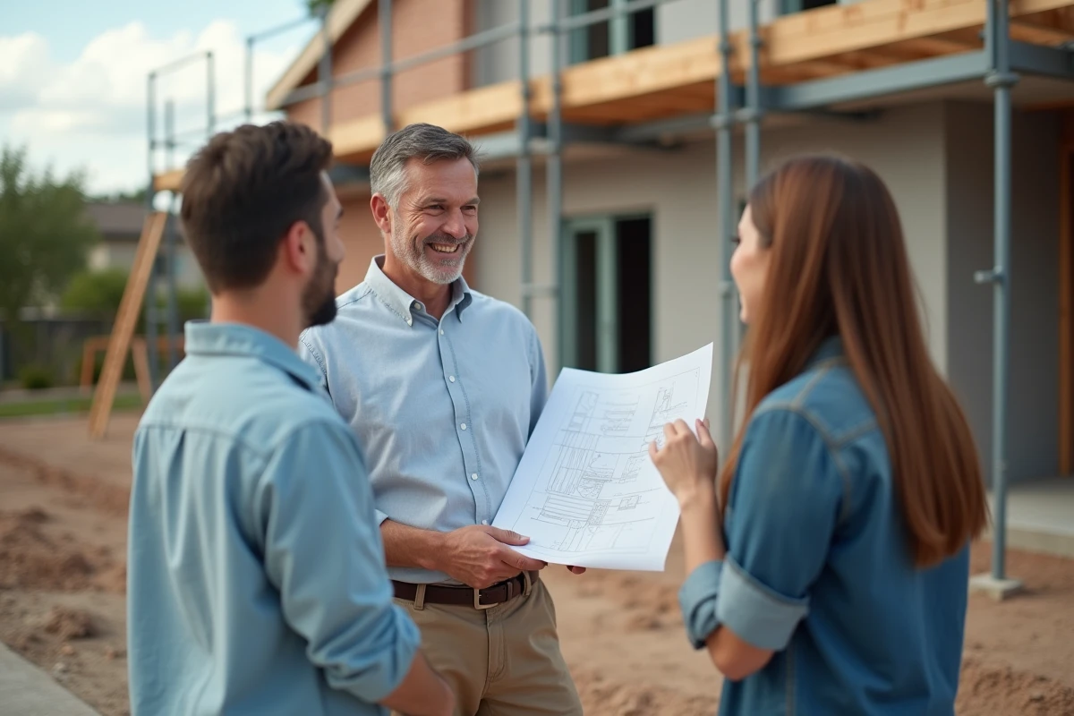 Homme d affaires discutant avec un couple sur un chantier