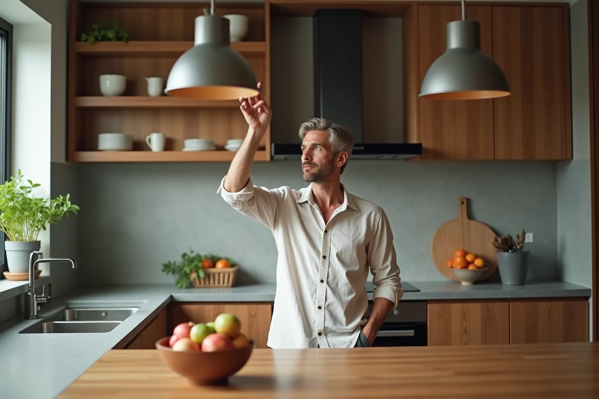Homme réglant une suspension au-dessus d'un îlot de cuisine en bois pour obtenir une lumière blanc chaud confortable et équilibrée