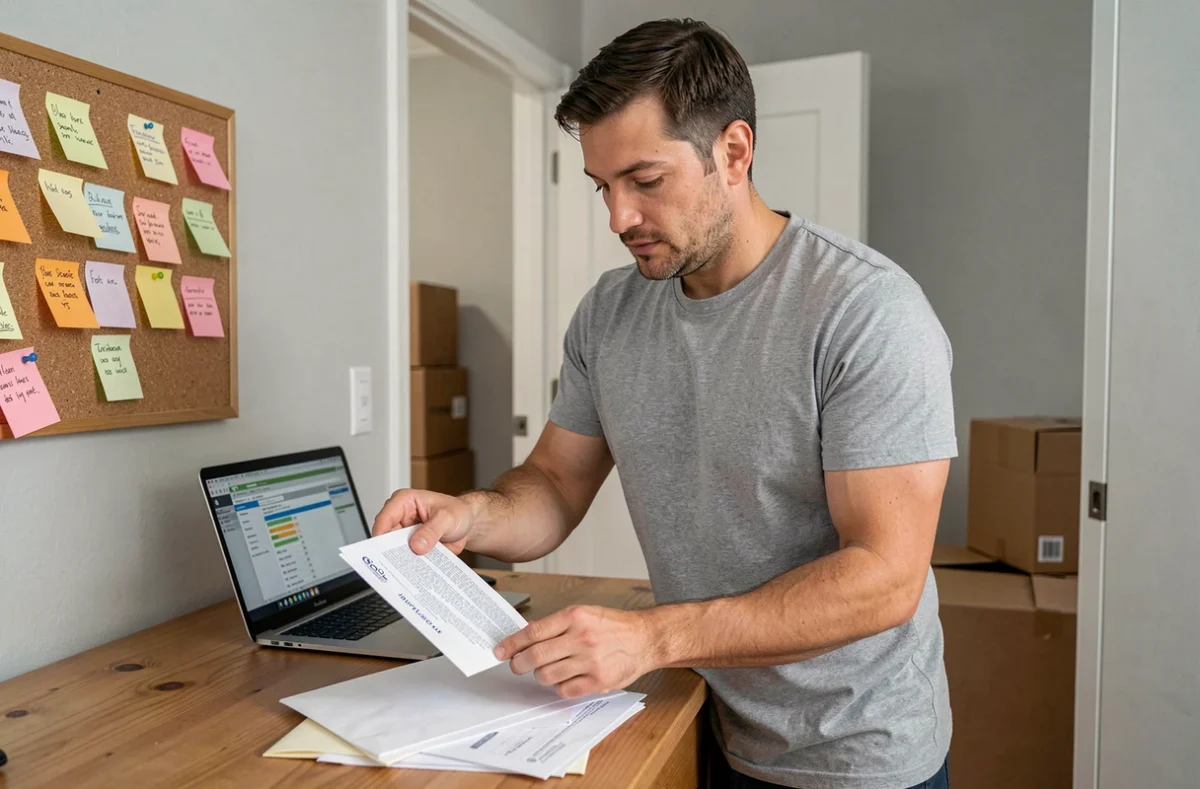 Homme examinant des documents d'assurance habitation avant de les envoyer lors d'un déménagement