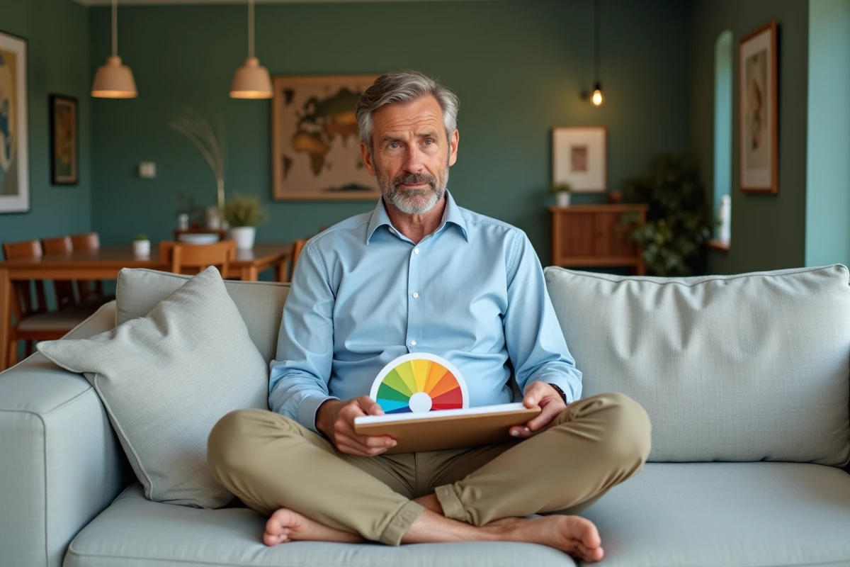 Jeune homme regardant un cercle chromatique dans un salon
