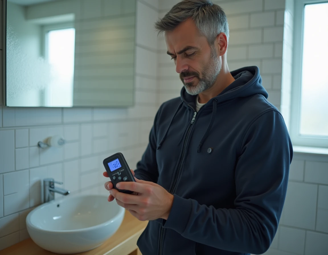 Homme tenant un hygromètre numérique dans une salle de bain condensée pour mesurer le taux d'humidité