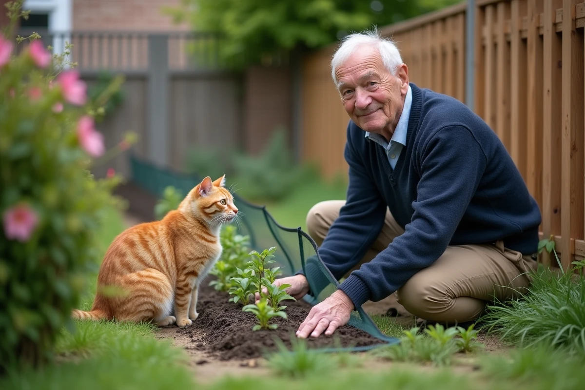 Homme âgé installe une barrière pour chat dans le jardin
