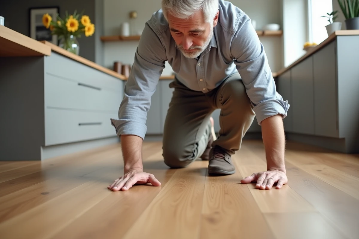 Homme inspectant un sol imitation bois dans la cuisine