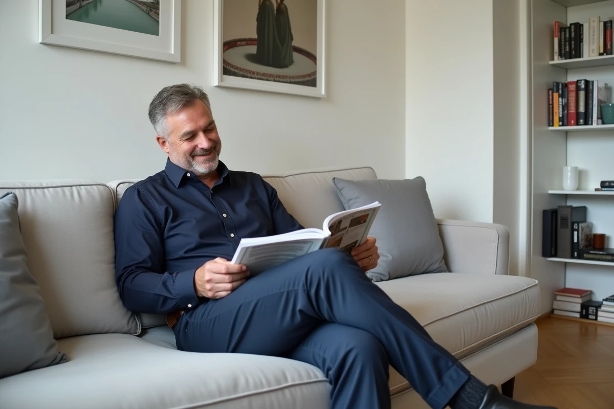 Homme lisant un magazine sur un canapé en ville