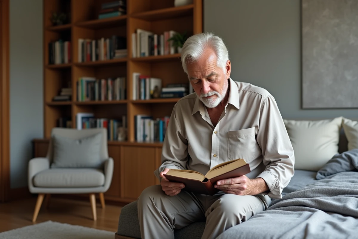 Homme âgé lisant dans une chambre chaleureuse