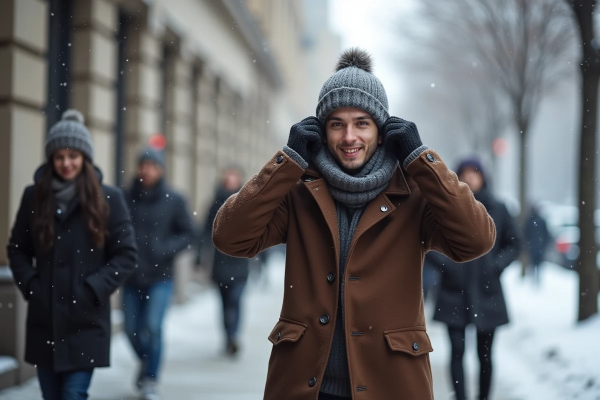 Jeune homme dans la rue enneigée en hiver