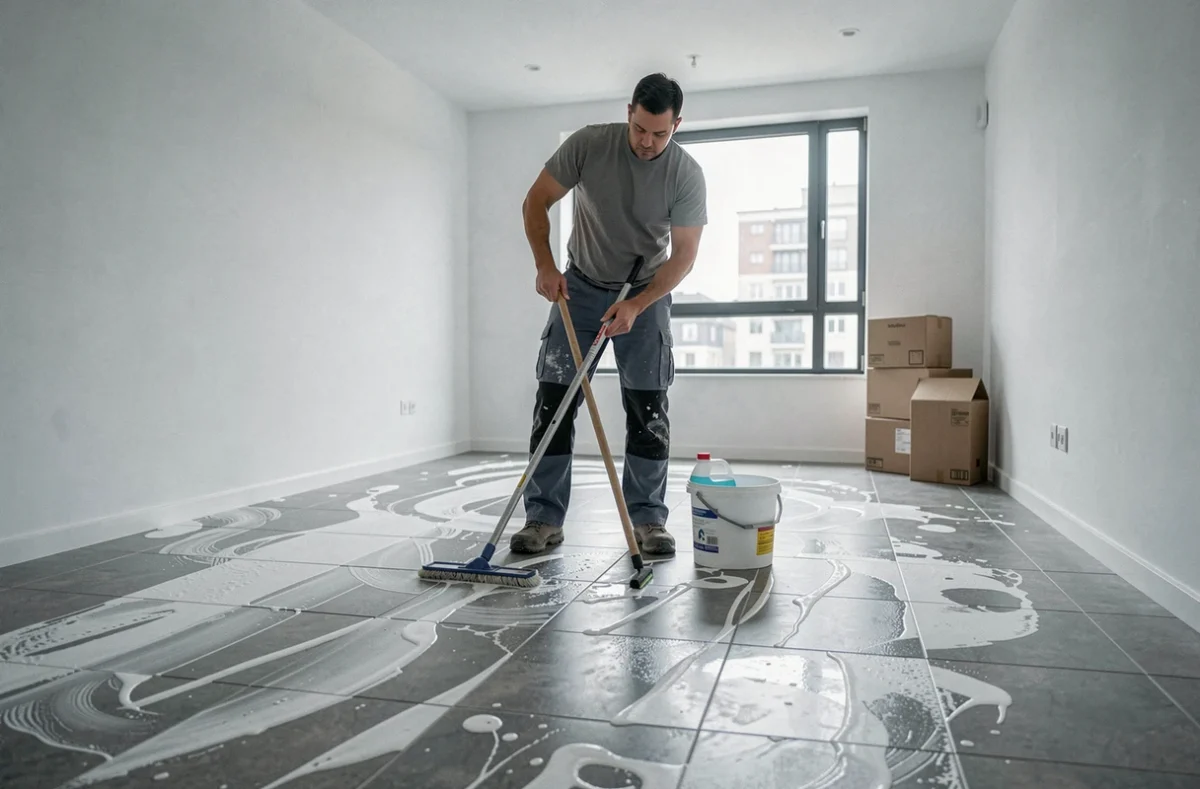 Homme qui passe la serpillière sur un grand carrelage neuf avec un voile blanc dans une pièce vide en cours d'aménagement