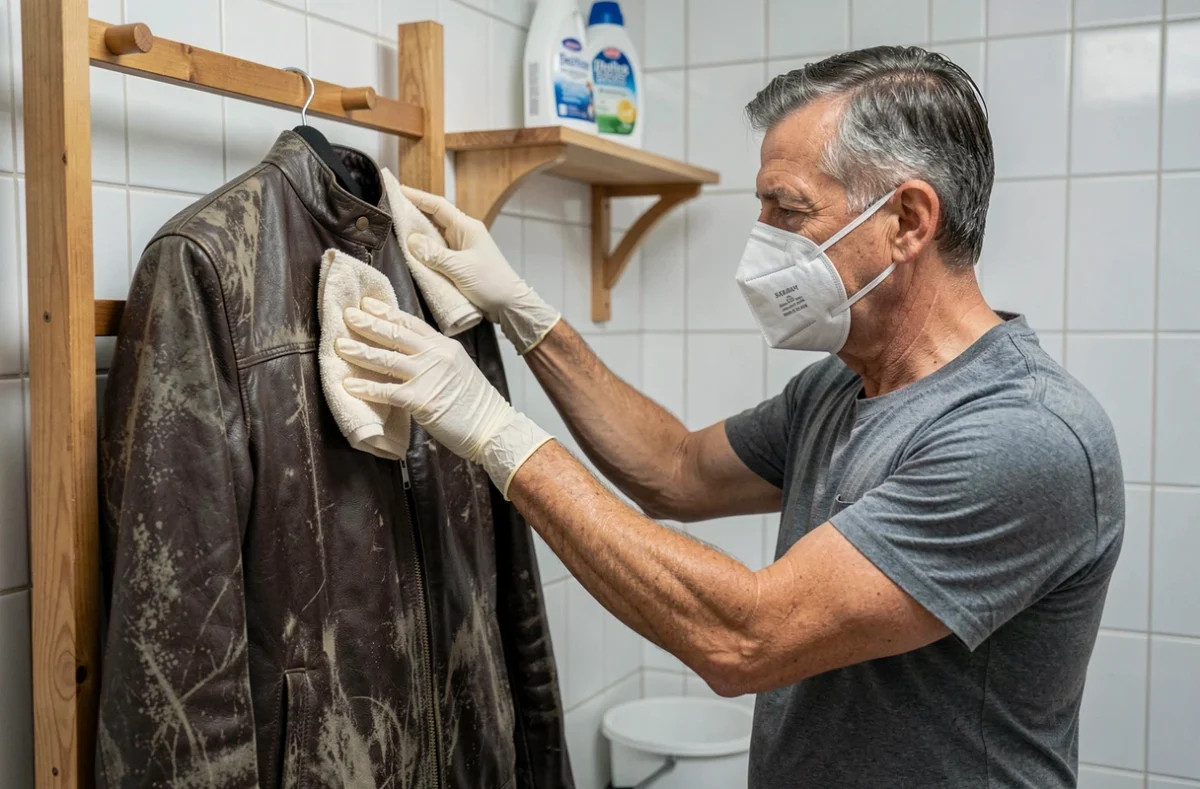 Homme portant un masque respiratoire nettoyant une veste en cuir moisie accrochée à un portemanteau