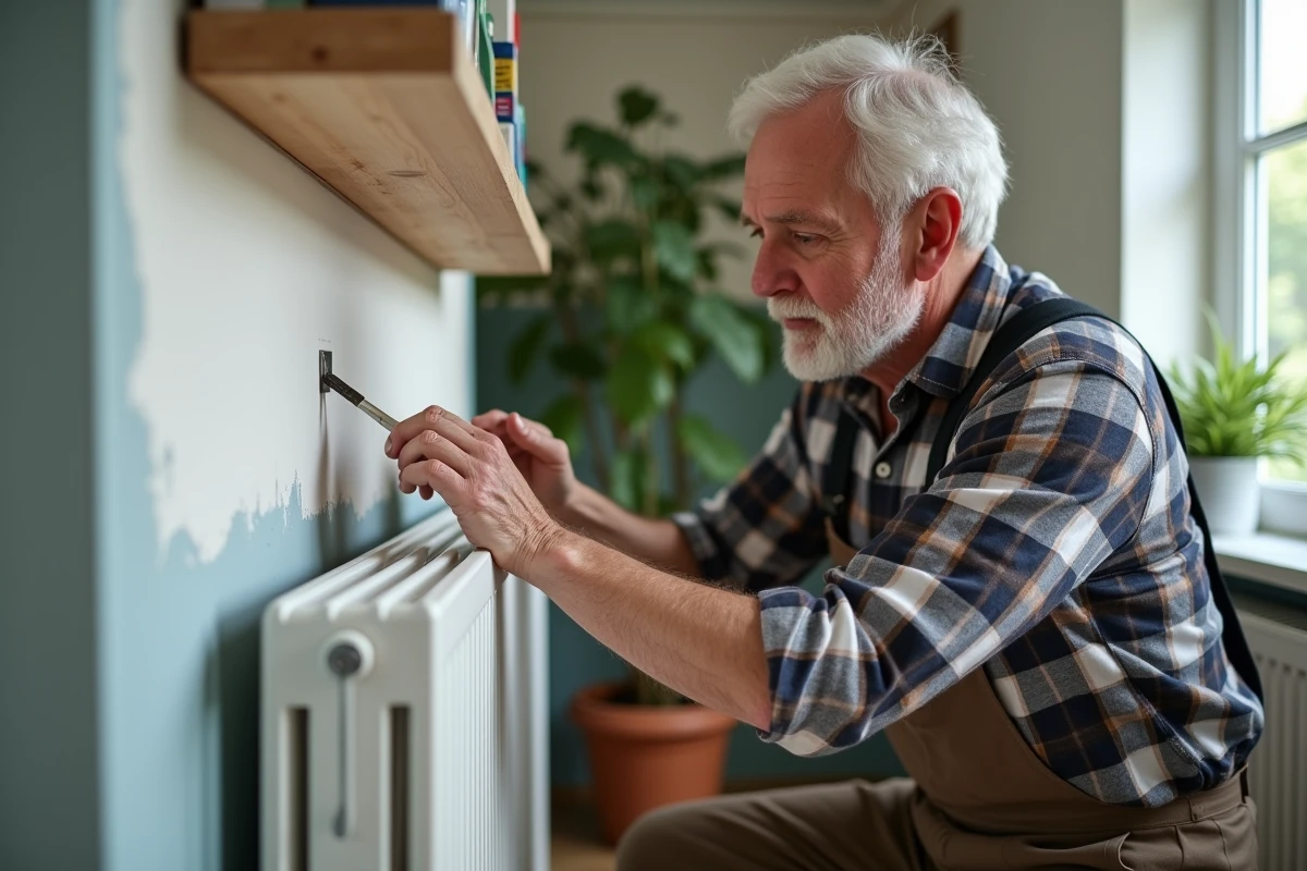 Homme âgé peignant un radiateur dans le salon