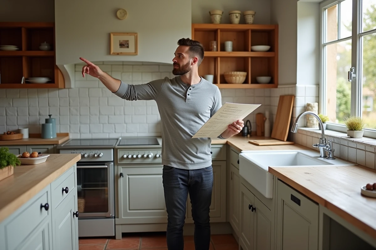 Homme en pleine rénovation de cuisine de chaumière avec un moodboard d'aménagement intérieur