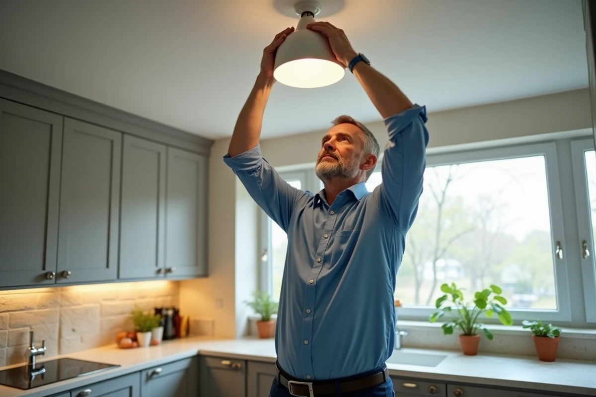 Homme remplaçant un plafonnier dans la cuisine moderne