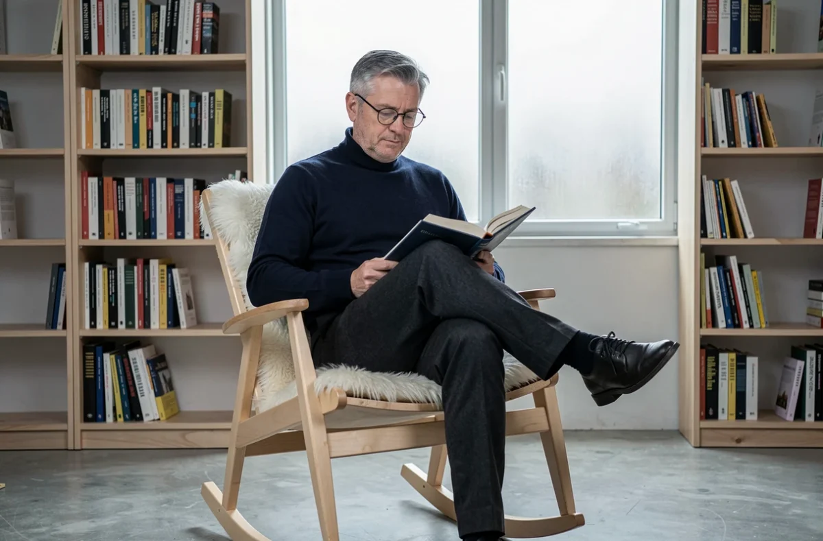 Homme avec lunettes lisant un livre dans un rocking chair scandinave en hêtre clair avec peau de mouton dans une bibliothèque minimaliste