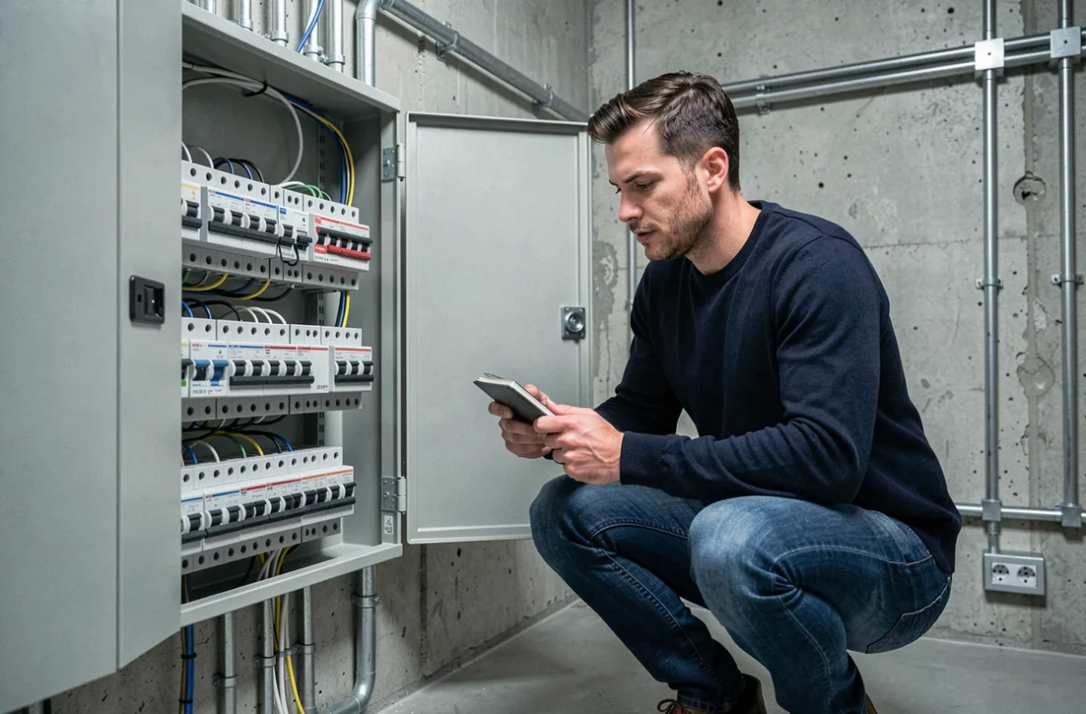 Homme inspectant un tableau électrique avec interrupteurs bouton poussoir intelligents dans une salle technique pour optimiser la consommation énergétique