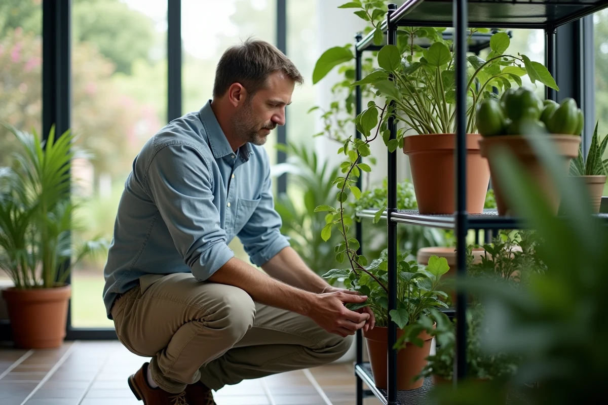 Homme ajustant une plante en intérieur dans une serre lumineuse