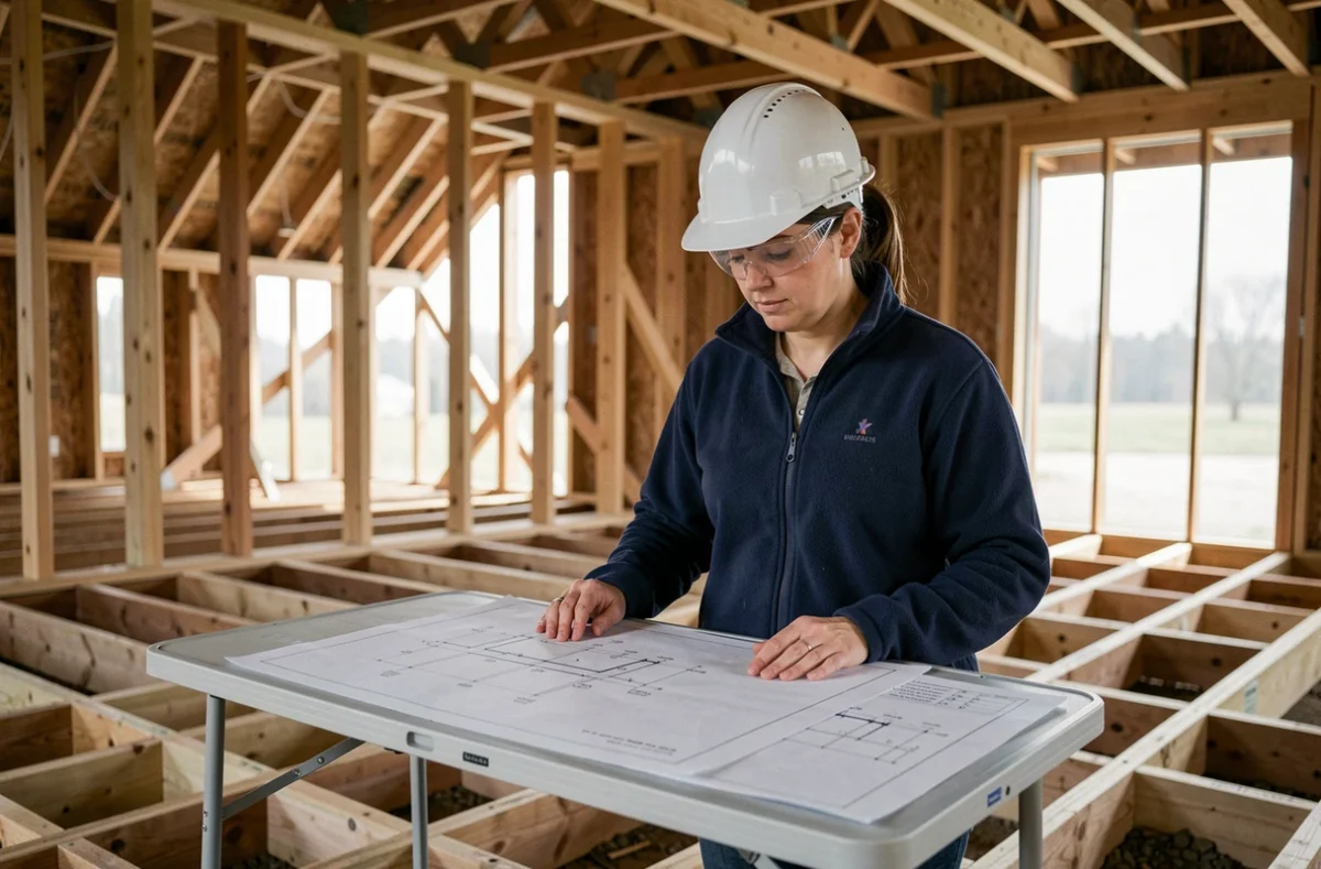Ingénieure structure consultant des plans de dimensionnement de solives bois sur chantier de construction