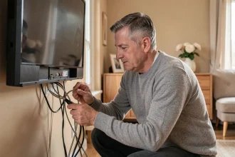 Homme inspectant les connexions coaxiales derrière un téléviseur mural dans un salon moderne pour vérifier la compatibilité TNT HD