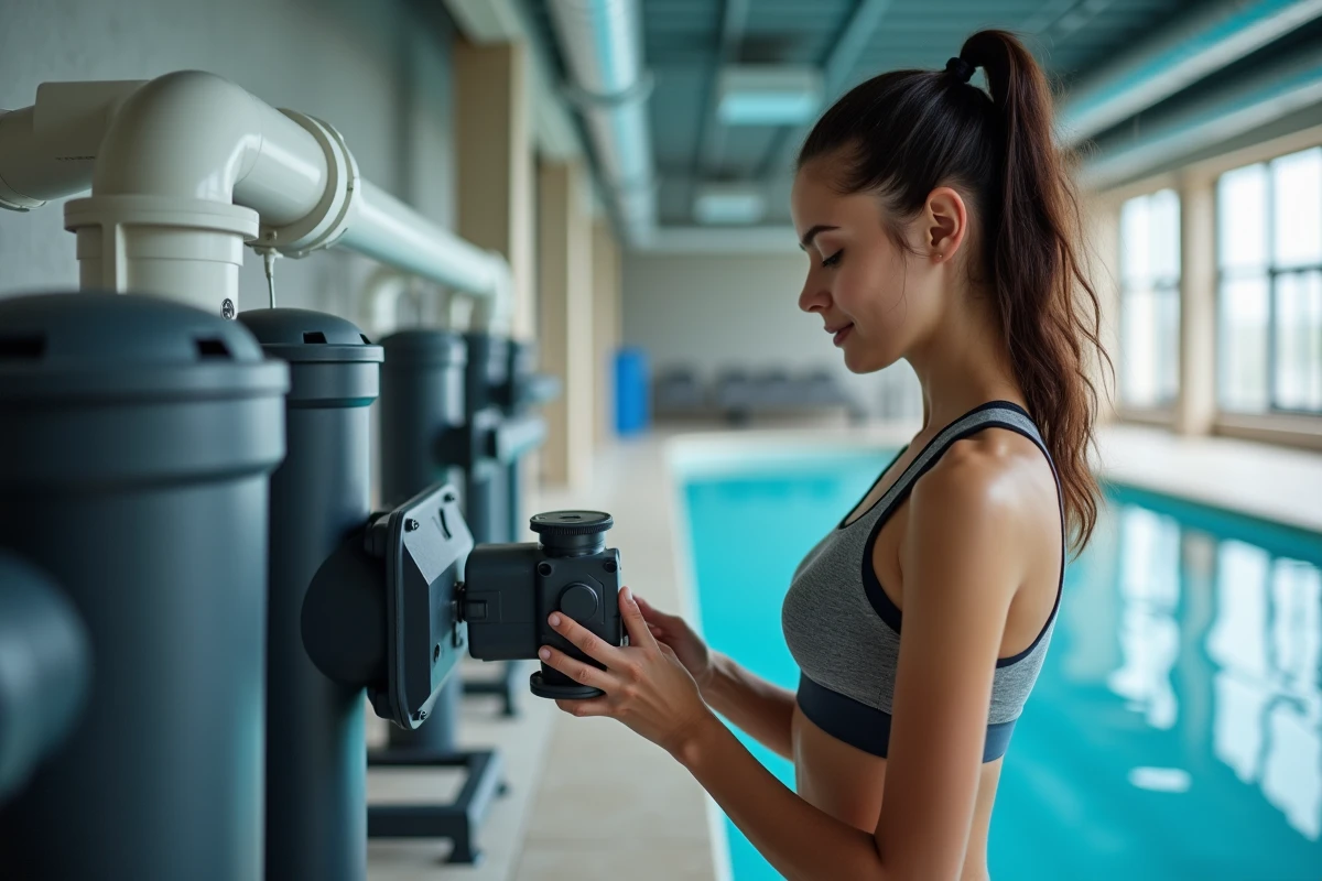 Jeune femme inspectant un filtre de piscine intérieure