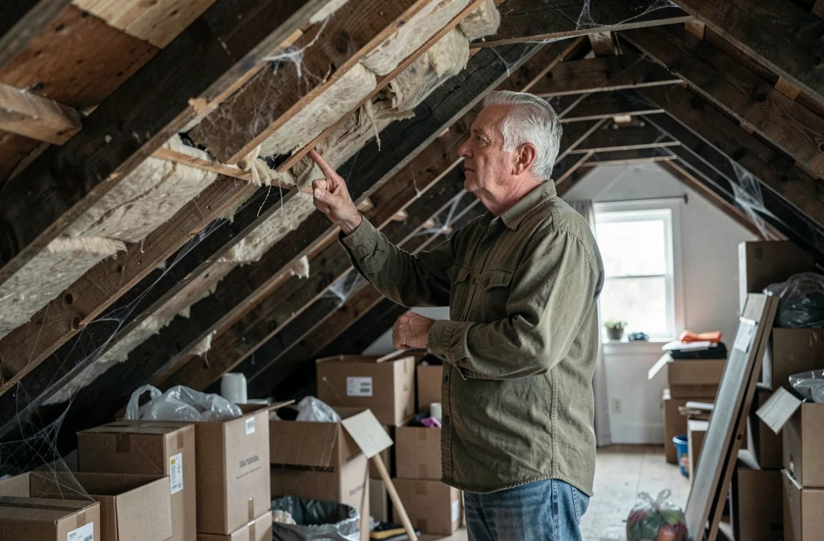 Propriétaire inspectant une isolation de toiture ancienne et dégradée avant des travaux de rénovation