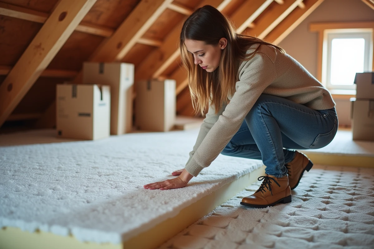 Femme inspectant l isolation dans un grenier rénové