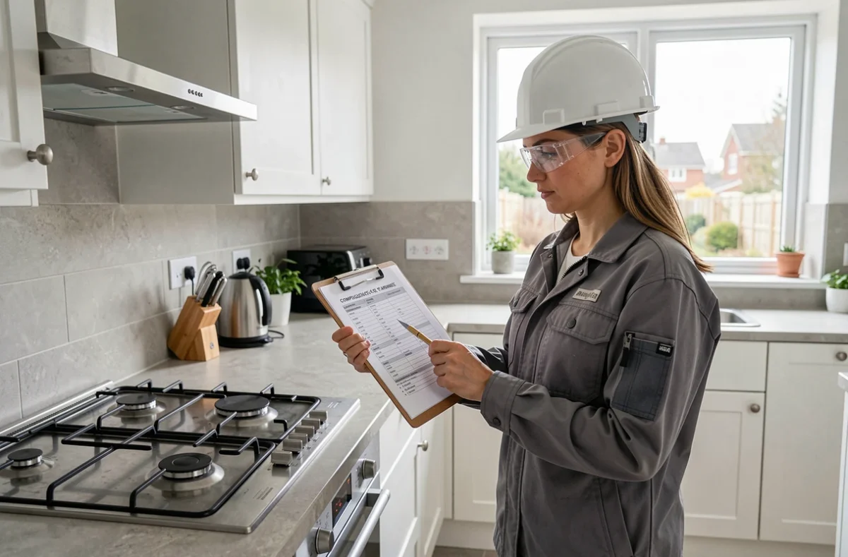 Inspectrice vérifiant la conformité d'un raccordement gaz sur une cuisinière encastrée dans une maison individuelle