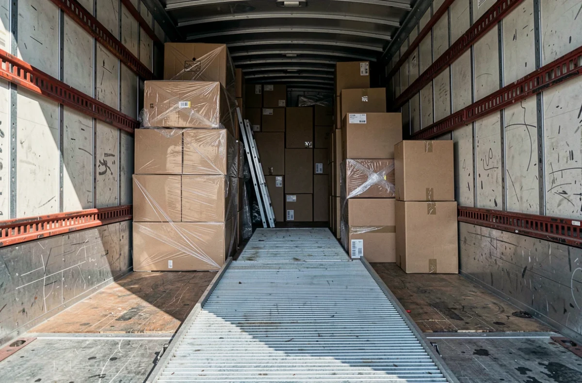 Intérieur d'un camion de déménagement avec des cartons empilés et une rampe de chargement