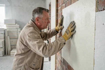 Ouvrier appliquant des panneaux d'isolation thermique en polystyrène sur un mur intérieur en briques lors de travaux de rénovation