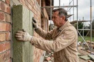Ouvrier posant des panneaux de laine minérale sur un mur extérieur en briques lors d'une rénovation thermique
