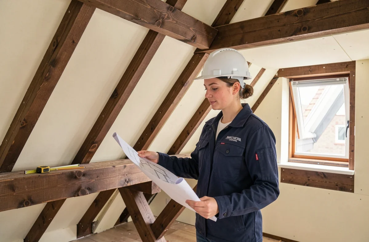 Architecte inspectant la pose de panneaux isolants rigides sous les rampants d'un grenier rénové