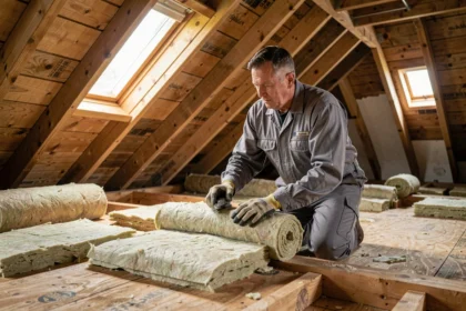 Artisan posant de la laine minérale entre les chevrons d'un grenier en cours de rénovation