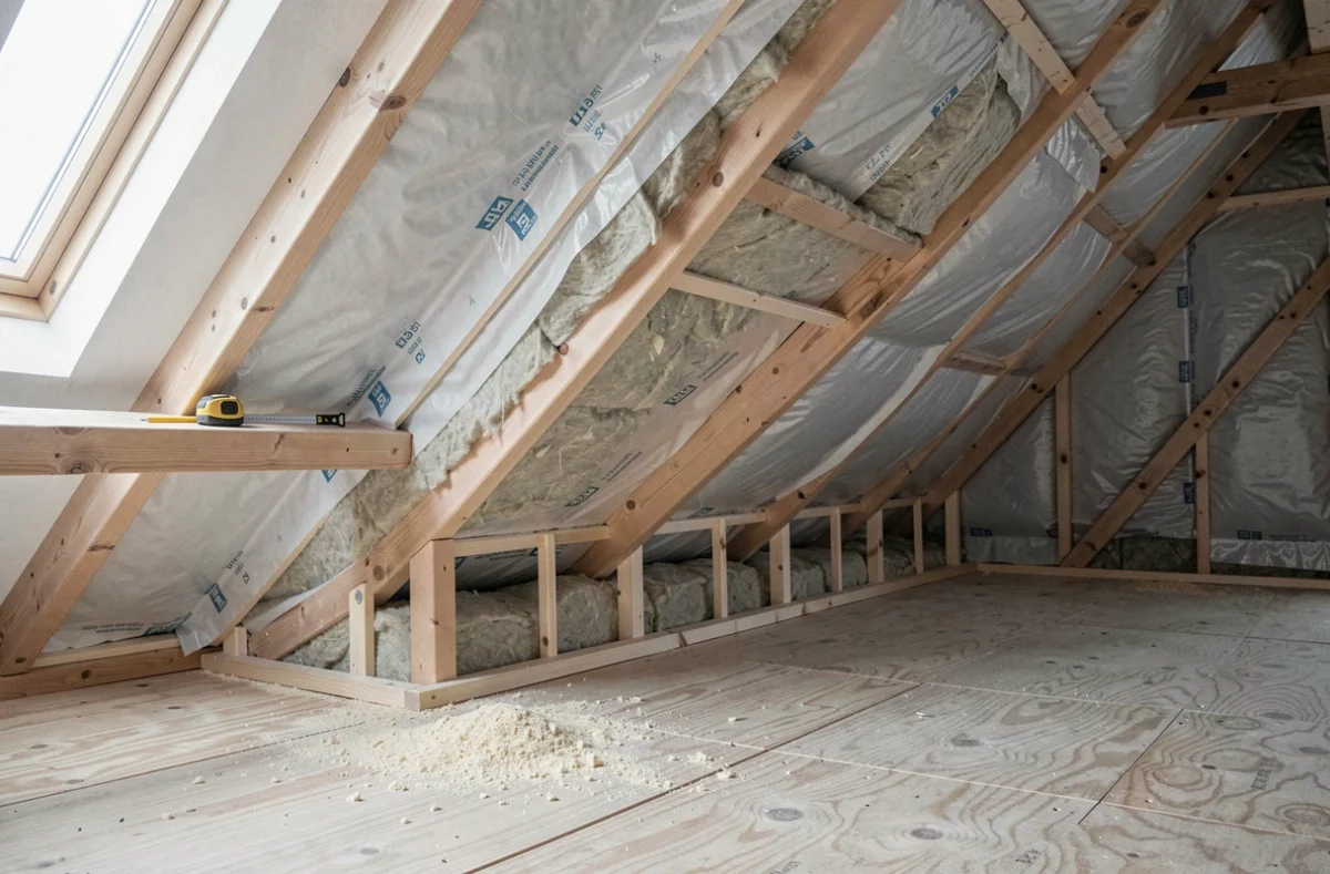 Vue détaillée d'un rampant de toiture isolé avec frein-vapeur et laine minérale lors d'une rénovation intérieure