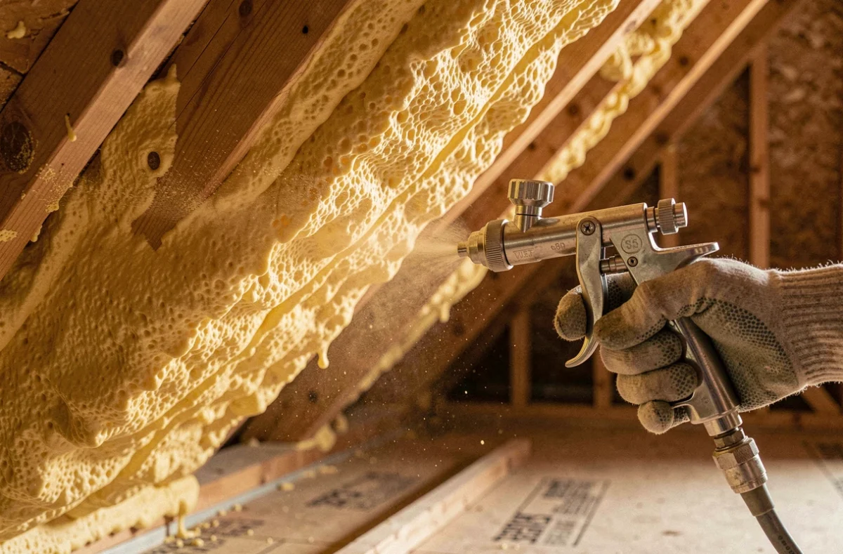 Application de mousse polyuréthane projetée sur les rampants de toiture lors d'une rénovation