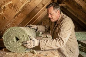 Artisan posant de la laine minérale entre les chevrons d'un toit en cours de rénovation