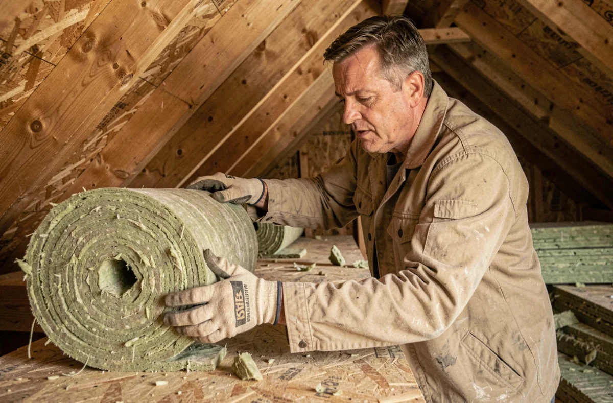 Artisan posant de la laine minérale entre les chevrons d'un toit en cours de rénovation
