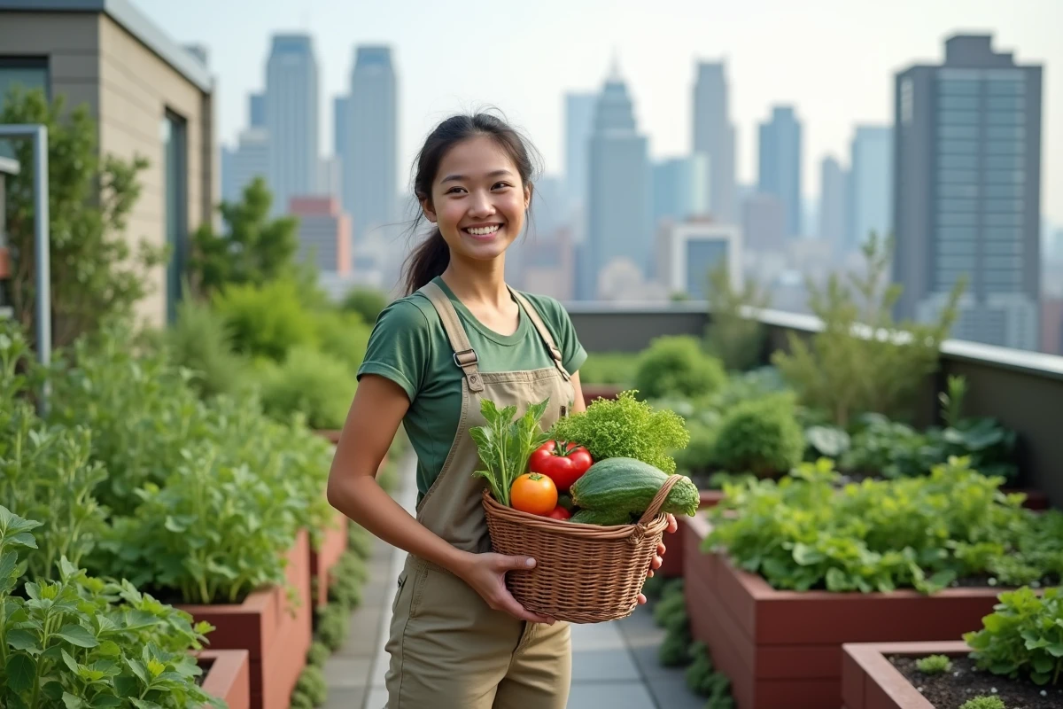 Jeune femme jardiniere urbaine dans un jardin sur le toit