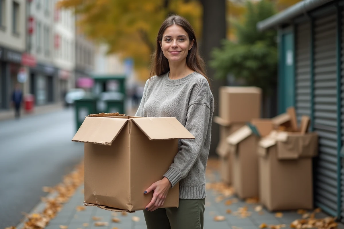 Jeune femme recyclant une boîte en extérieur dans la ville