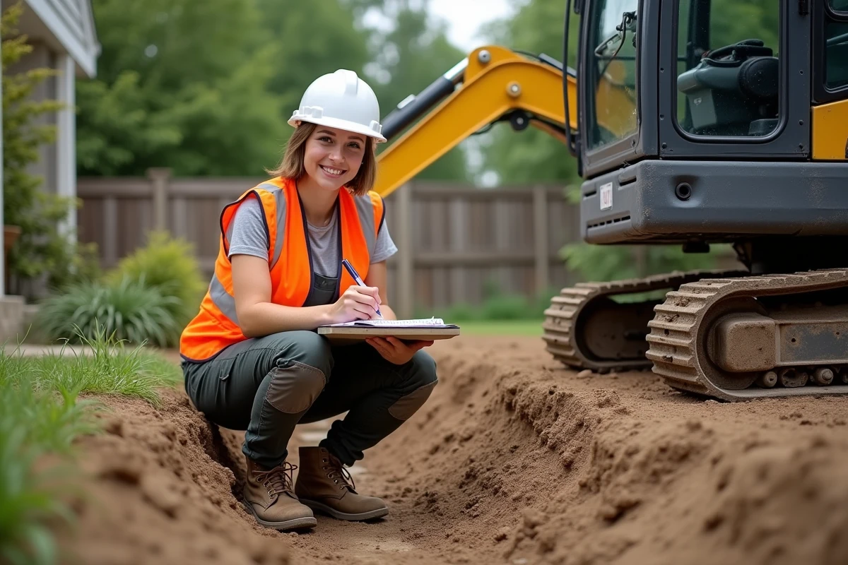 Jeune femme inspectant un chantier de fondation en jardin