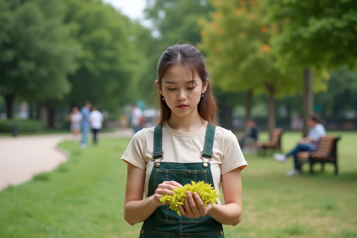 Jeune femme en salopette inspectant des brins d