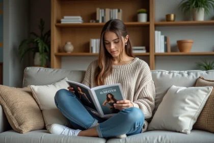 Jeune femme lisant un magazine de mode dans un salon cosy