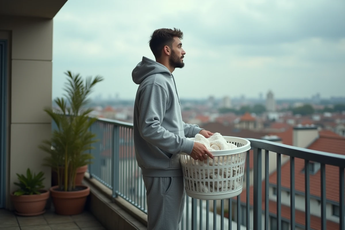 Jeune homme avec panier à linge sur un balcon urbain