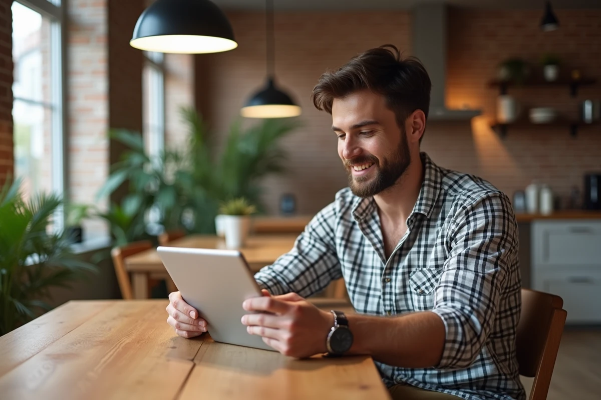 Jeune homme regardant un catalogue de luminaires à la maison