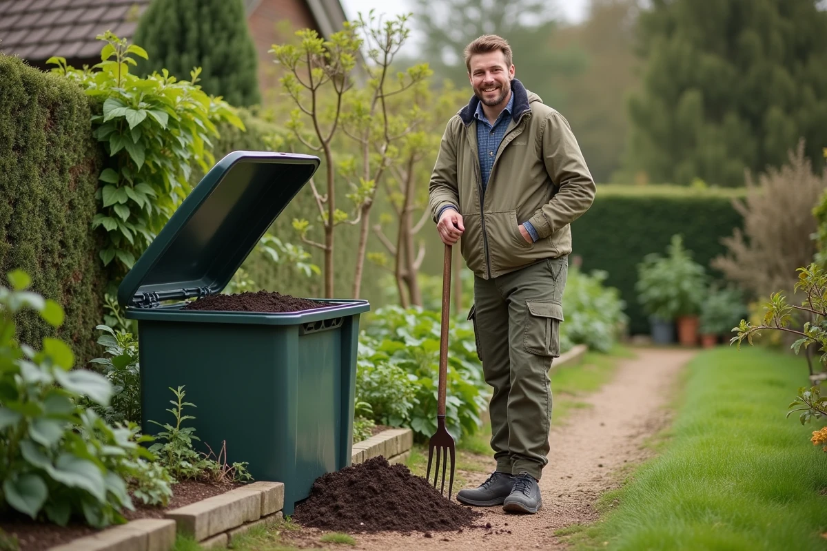 Jeune homme tourne compost dans le jardin