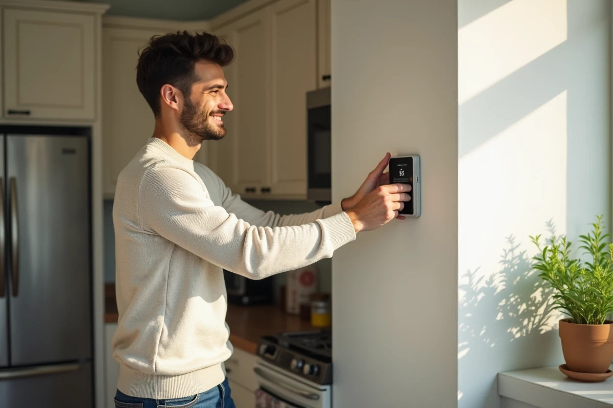 Jeune homme posant un thermostat intelligent dans la cuisine