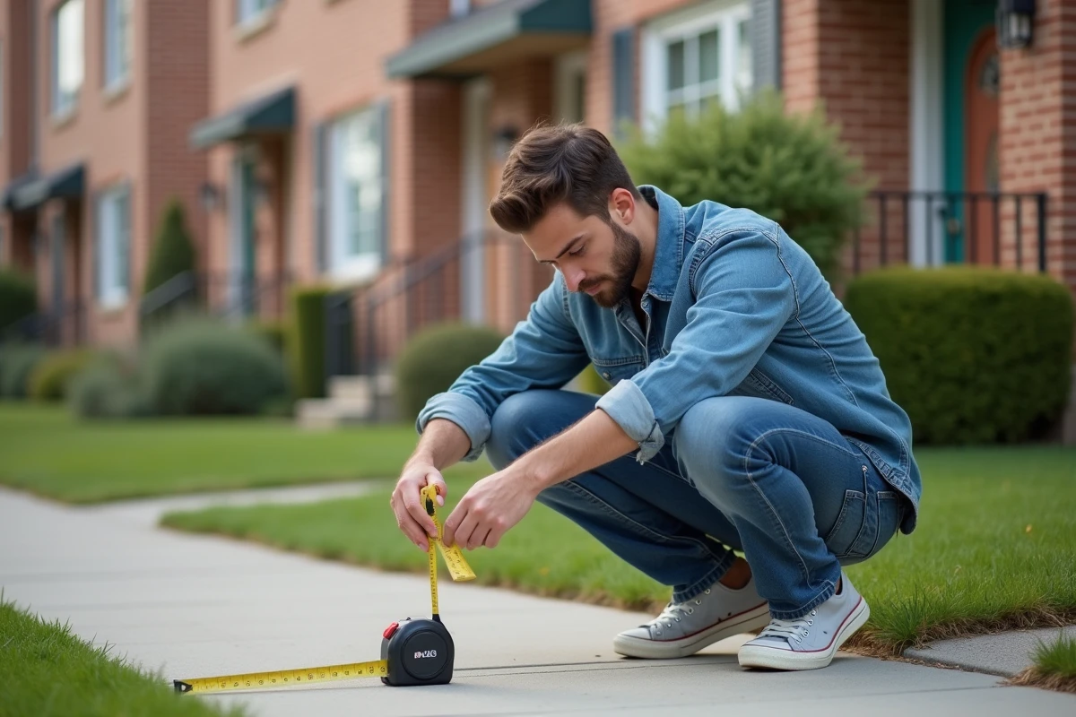 Jeune homme mesure la façade d une maison dans un quartier résidentiel