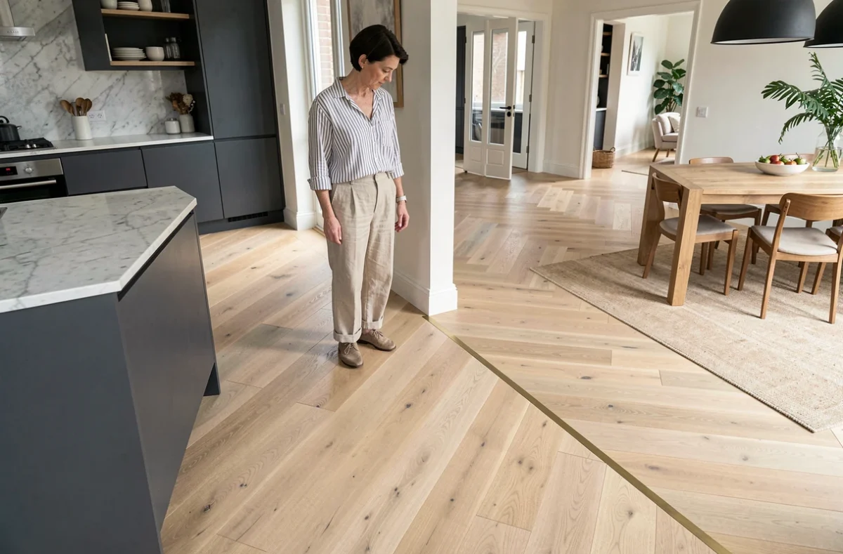 Jonction de deux sens de pose de parquet différents entre une cuisine ouverte et une salle à manger