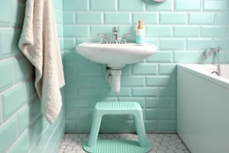 Lavabo salle de bain enfant à hauteur ergonomique avec marche-pied antidérapant et carrelage pastel