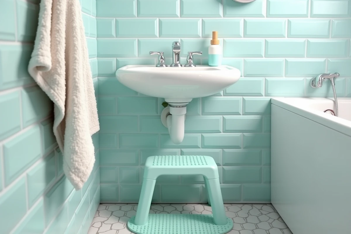Lavabo salle de bain enfant à hauteur ergonomique avec marche-pied antidérapant et carrelage pastel