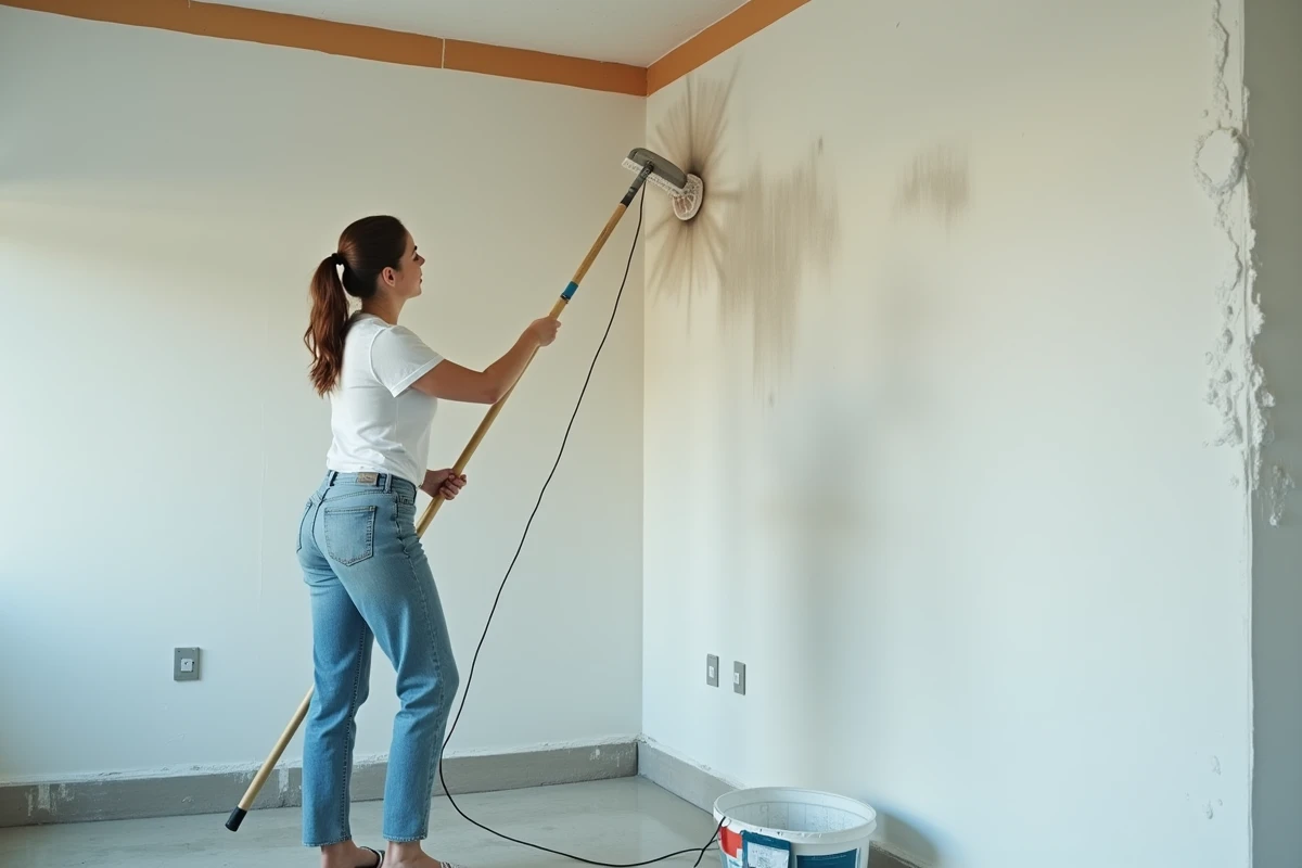Femme lessivant un grand mur avec un applicateur à long manche dans une pièce vide avant travaux de peinture